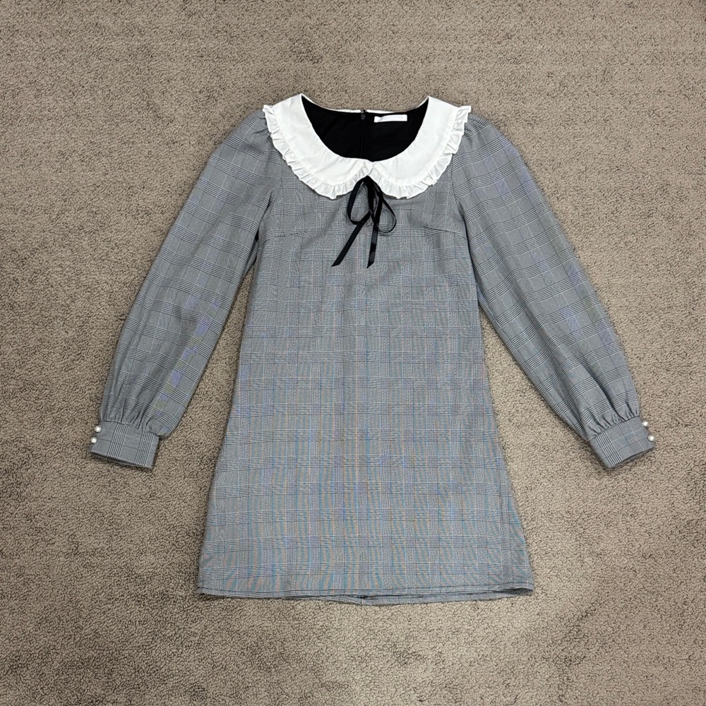 SPINN Japan brand schoolgirl Gray plaid Dress White Collar black bow size 4